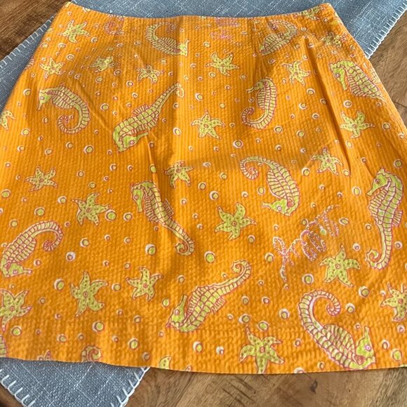 Lily Pulitzer Orange Yellow Seahorse Design Lined Cotton 18" Skirt Sz 12 - Picture 2 of 8